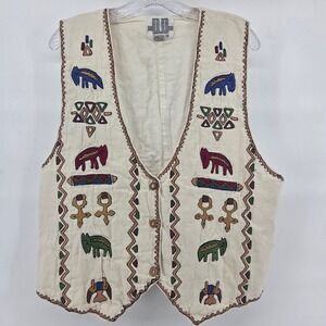 D.D. Designs Vest Medium Cream Embroidered Animal Festival Boho Ethnic Tribal